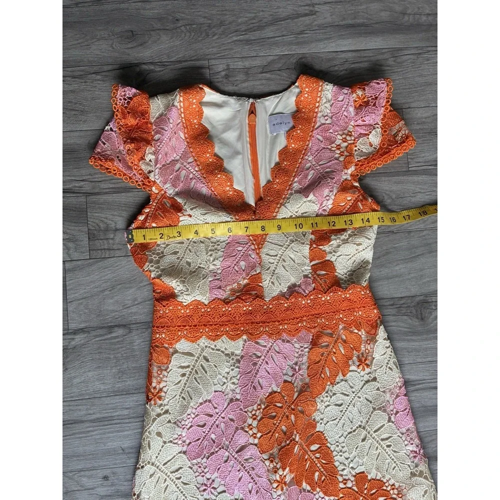 Adelyn Rae Crochet Lace Midi Dress XS Floral Orange Pink Boho‎ V-Neck